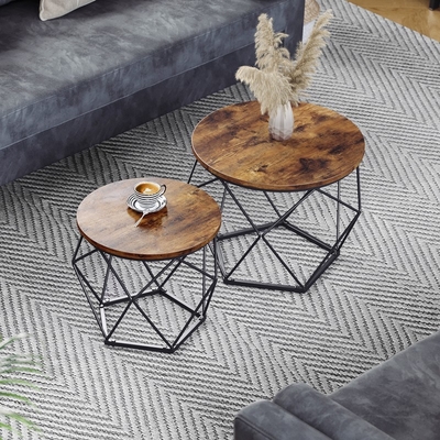 Großes antikes genistetes Walnuss-Holz und Metallcouchtisch