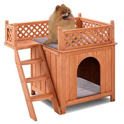 Hündchen-hölzerner Haustier-Haus-Schutz mit Treppen-Balkon-Innenim Freien